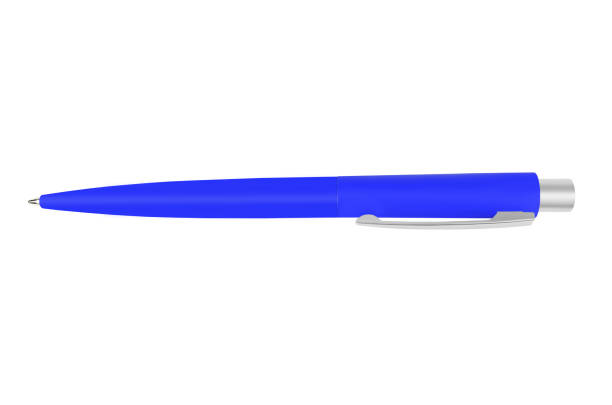 istock Blue automatic ballpoint pen with soft touch coating isolated on a white background 1438860453