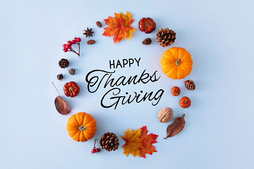 Thanksgiving design background with pumpkins and leaves with pine cones