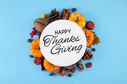 Thanksgiving design background with pumpkins and leaves with pine cones