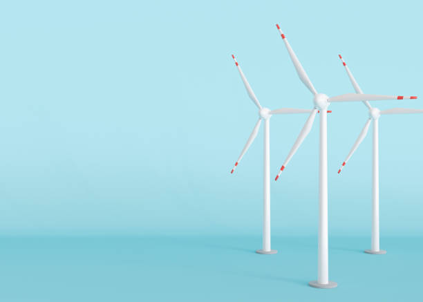 istock Wind turbines on blue background with copy space for text. Wind turbine generating electricity. Global ecology. Clean energy concept, save the world. Sustainable resources. Energy crisis. 3D render. 1438863943