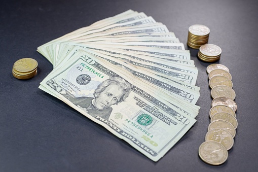 20 dollar bills accompanied by 1 dollar coins. economy