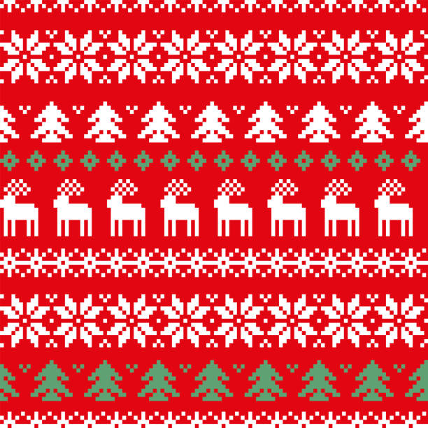 istock Christmas jacquard on red background. Seamless pattern  for christmas textile, fabric, wrapping, wallpaper, apparel. 1438866117