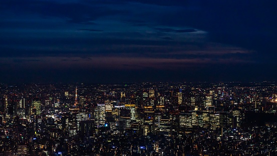 A panoramic shot of Tokyo city at night with beautiful pink and blue night sky