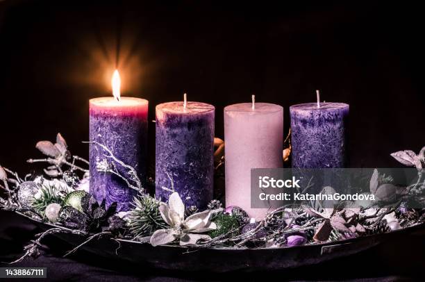 One Burning Candle On Advent Wreath Stock Photo - Download Image Now - Candle, Advent Wreath, Hope - Concept