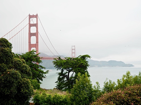 Golden Gate Bridge in San Francisco under the fog shooted from Vista Point.