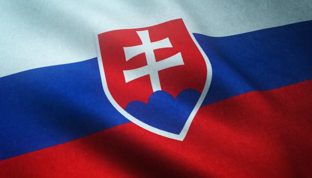 ripresa ravvicinata della bandiera sventolante della slovacchia con trame interessanti - slovak flag foto e immagini stock