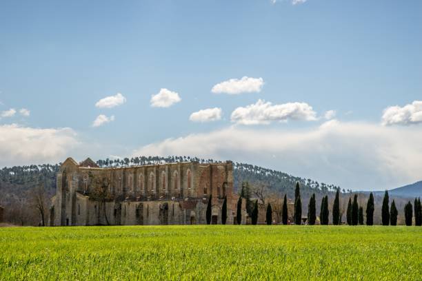 schöne aufnahme einer wiese mit der abtei von san galgano in der ferne in italien - san galgano stock-fotos und bilder