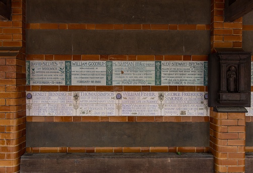 London, United Kingdom – October 28, 2022: A closeup of information plaques of the Watts Memorial in Postman's Park in London, England