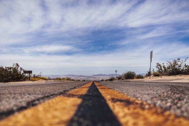 istock Asphalt road surrounded by trees under a cloudy sky - great for a cool background 1438869397