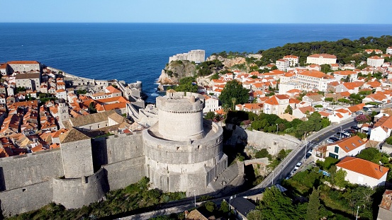 An aerial view of Dubrovnik cityscape with the Minceta Tower in Croatia on a sunny day