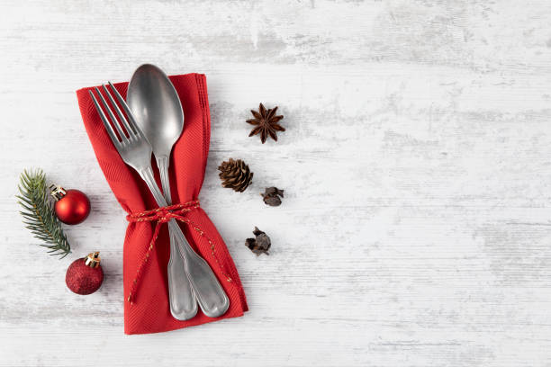istock Vintage Place setting on Old Wooden Table for Christmas 1438870685