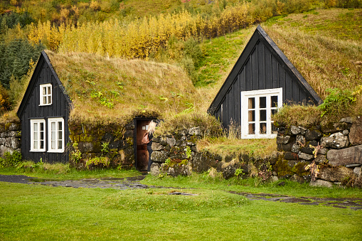 Skogar small wooden grass covered traditional historic turf houses in South Iceland.