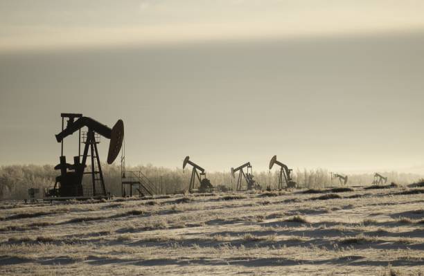 istock Field with oil pump jacks surrounded by greenery under a cloudy sky and sunlight 1438872621