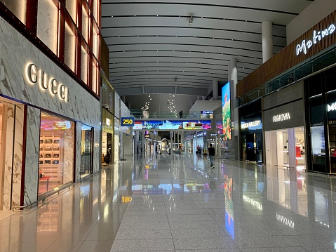 – June 18, 2022: An inside shot of an empty Incheon International Airport with shops in Seoul South-Korea