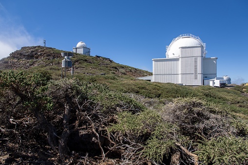 A low angle shot of an observatory on top of the Caldera de Taburiente volcano on La Palma on the Canary Islands on a sunny day