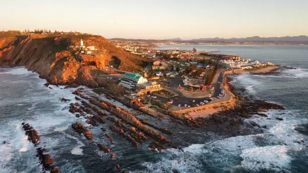 An aerial cityscape view of the Mossel Bay town by water, South Africa