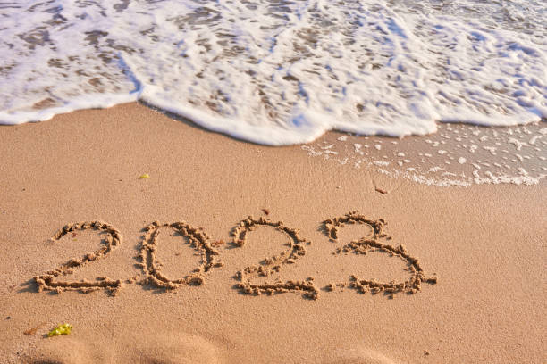 istock 2023 year written on sandy beach sea at sunny day 1438875695