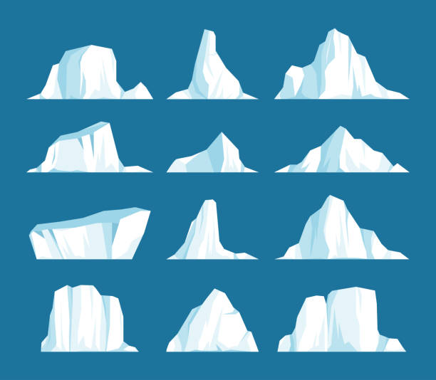Set of floating icebergs in Arctic Vector set of floating icebergs in flat cartoon style. Arctic, Antarctic and North Pole ice frozen mountain landscape, freeze ocean, arctic glacier, snow caps. Environment protection concept. bergen stock illustrations