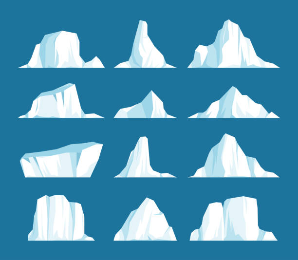 Set of floating icebergs in Arctic Vector set of floating icebergs in flat cartoon style. Arctic, Antarctic and North Pole ice frozen mountain landscape, freeze ocean, arctic glacier, snow caps. Environment protection concept. icicle cartoon stock illustrations