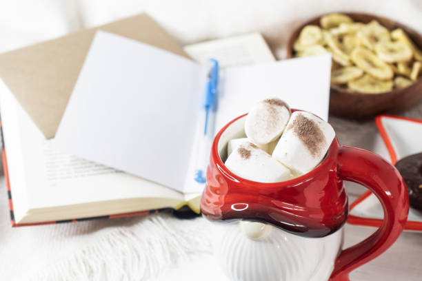 New Year's Eve background, Santa Claus mug with marshmallows, Christmas cookies, open book