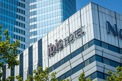 Exterior of an Ibis Hotel in La Defense district in Paris, France