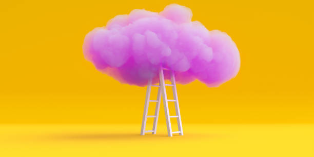 istock Pink cloud with stair on yellow background. Abstract surrealistic illustration. Creative fantasy pop art. Modern realistic minimal concept design. 3d render. 1438882187
