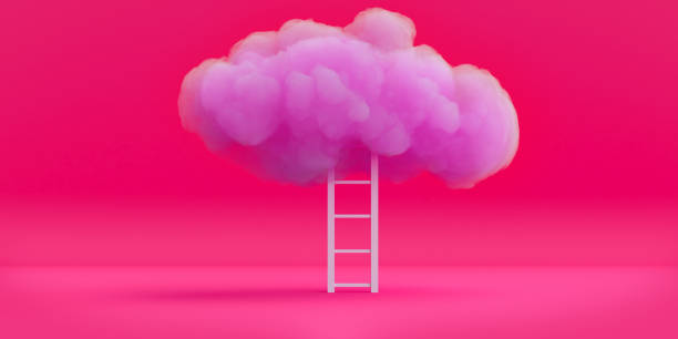 istock Pink cloud with stair on red background. Abstract surrealistic illustration. Creative fantasy pop art. Modern realistic minimal concept design. 3d render. 1438882201