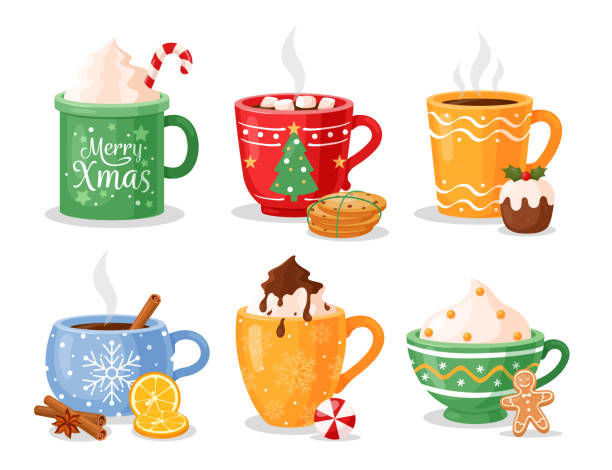 Hot Christmas winter drinks cups Hot Christmas winter drinks. Cups with coffee, tea with cinnamon, hot chocolate with whipped cream and candy cane, cocoa with marshmallows, mulled wine. Mugs for Xmas, New year or winter holidays marshmallow chocolate stock illustrations