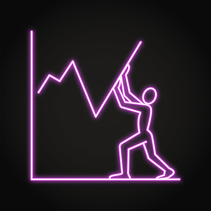 Economic recovery neon icon in line style. Man forcing upward graph recovery. Vector illustration.