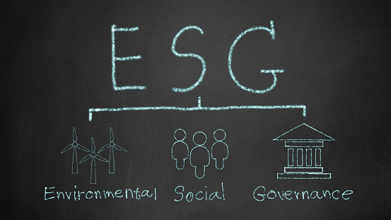 ESG handwritten with chalk on chalkboard, concepts, environment, society and governance.