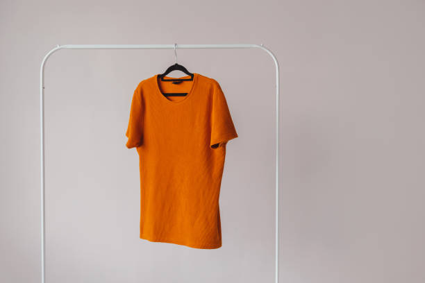 istock Blank White T-Shirt Mock-up hanging on white Rack Hanger, front view 1438886301