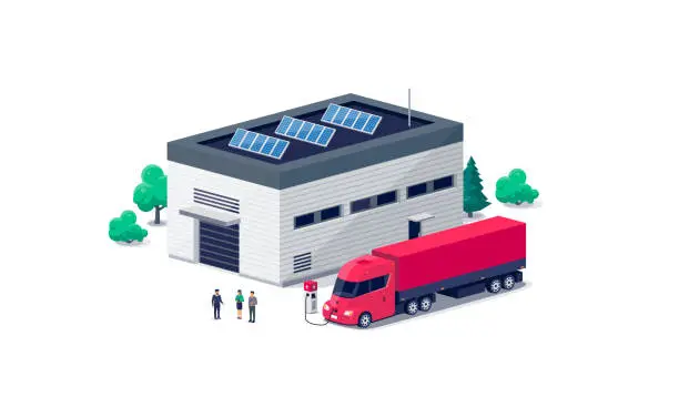 Vector illustration of US electric semi-truck trailer container charging near logistic hall.