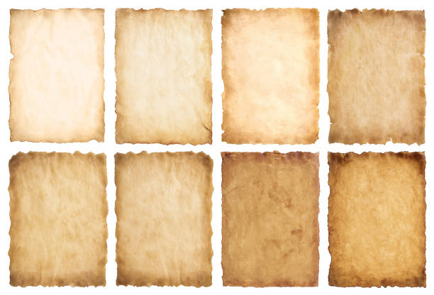 collection set old parchment paper sheet vintage aged or texture isolated on white background collection set old parchment paper sheet vintage aged or texture isolated on white background. manuscript stock pictures, royalty-free photos & images