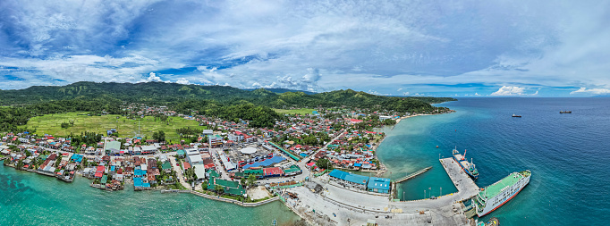Jagna, Bohol, Philippines - May 2022: Panoramic aerial of the port and town center of the municipality of Jagna.