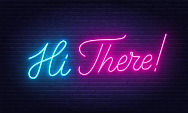 cześć, neonowy cytat na tle ceglanej ściany. - witać się stock illustrations