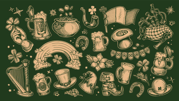 ilustraciones, imágenes clip art, dibujos animados e iconos de stock de conjunto de símbolos del día de san patricio. concepto de vacaciones irlandesas. ilustraciones vectoriales de colección dibujadas en estilo retro - day patricks st patricks day clover