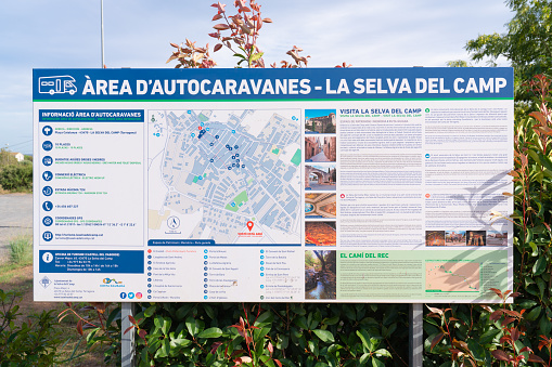 Service point for motorhome and campervan water and waste disposal at the Area d`autocaravanes aire in La Selva del Camp, Tarragona Province, Spain on Wednesday 28th September 2022