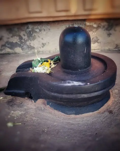A small, black shiva-lingam made from stone and covered in flowers and bel leaves. Hindu people offer prayers to shiv linga, symbolic form of God Shiva at Kunkeshwar  temple, sindhudurga, India.