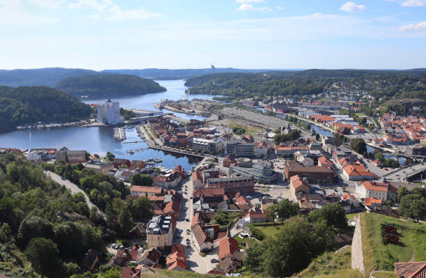 Halden Aerial View, Viken, Norway Aerial view of the Norwegian City of Halden in Viken county. Located at the mouth of the Tista river, Halden is a border town on the Iddefjord. halden norway photos stock pictures, royalty-free photos & images