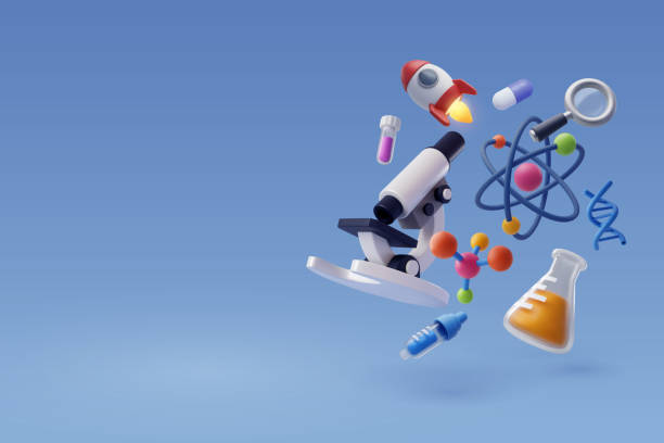 illustrazioni stock, clip art, cartoni animati e icone di tendenza di set di icona della scienza 3d, concetto di scienza e tecnologia. - microscope science healthcare and medicine isolated