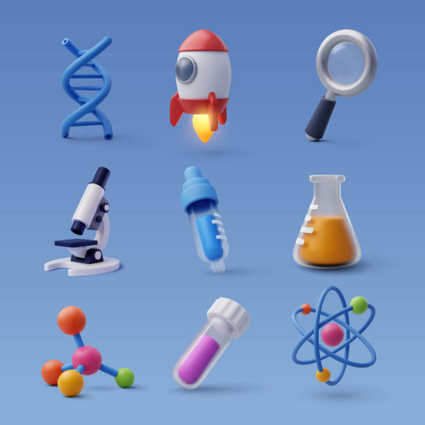illustrations, cliparts, dessins animés et icônes de ensemble d’icône science 3d, concept de science et de technologie. - microscope