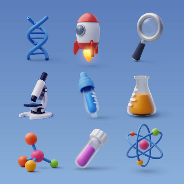 Set of 3d Science icon, Science and technology concept. Set of 3d Science icon, Science and technology concept. Eps 10 Vector. microscope isolated stock illustrations