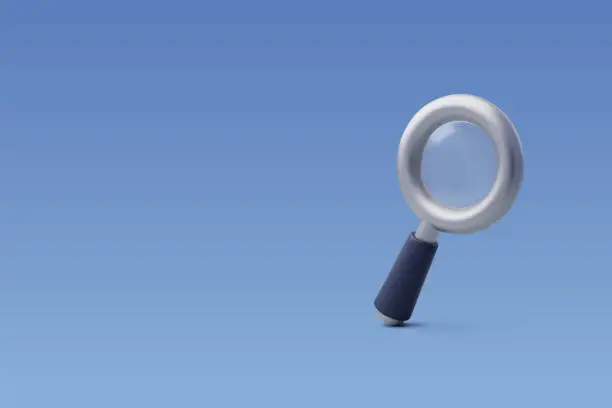 Vector illustration of 3d Vector Magnifying glass. Finding, Reading, Research, Analysis information concept.