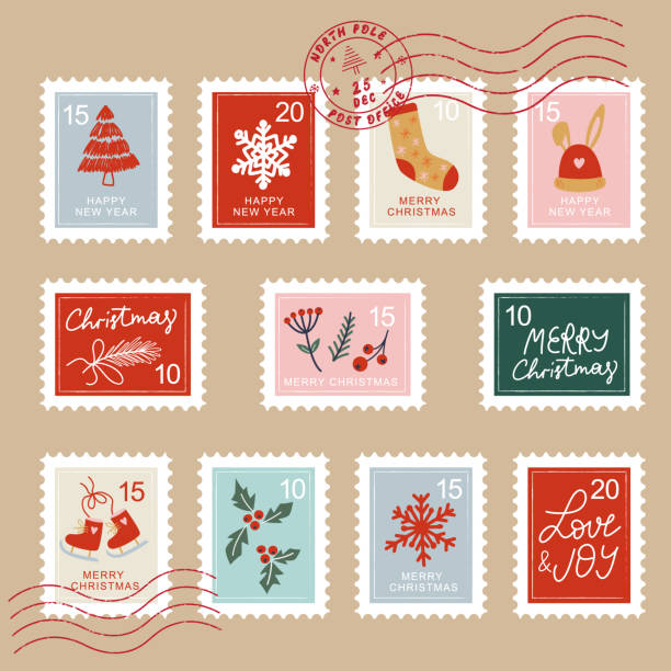Hand drawn christmas postage stamp collection. Hand drawn christmas postage stamp collection. Grunge texture. Mail Santa Claus. Letter to Santa Claus. Nice list stamp stock illustrations