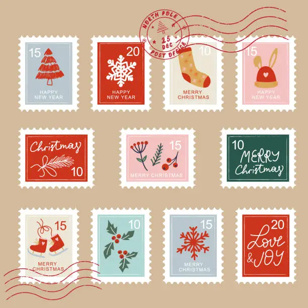 Vector illustration of Hand drawn christmas postage stamp collection.