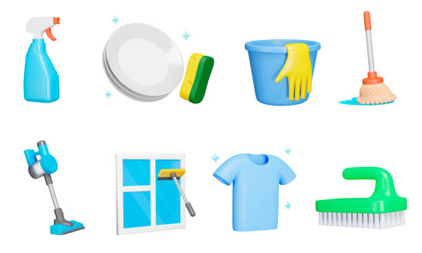 ilustrações de stock, clip art, desenhos animados e ícones de cleaning 3d icon set. housekeeping. service wet and dry house cleaning. spray cleaner, dishwashing, floor mop, window cleaning, laundry clothes. isolated vector illustrations on a transparent background - luva peça de roupa