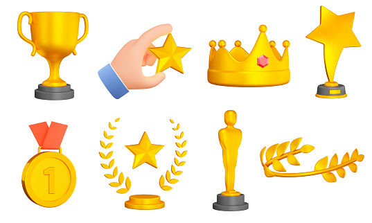 Reward 3d icon set. Awards of different forms. The nomination. Laurel wreath. Receipt of a prize and rank. Winning. vector icons, objects on a transparent background