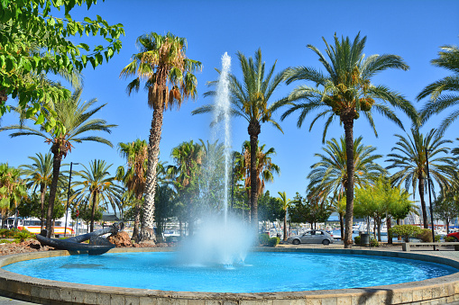 Sant Antoni de Portmany town fountain on Ibiza island, Baleares, Spain.