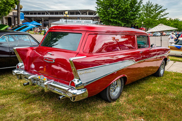 1957 Chevrolet BelAir Sedan Delivery Des Moines, IA - July 01, 2022: High perspective rear corner view of a 1957 Chevrolet BelAir Sedan Delivery at a local car show. bel air photos stock pictures, royalty-free photos & images
