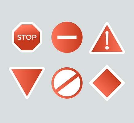 Traffic road modern signs. Signage signal warning sign stop danger caution speed highway empty parking street board vector set